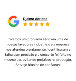Avaliação do Google com cinco estrelas destacando o atendimento rápido e eficiente da CLAVTECH na manutenção de lavadoras industriais.