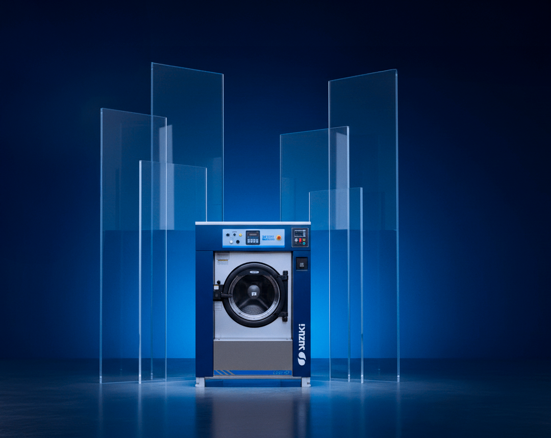 Lavadora-extratora industrial Suzuki em ambiente moderno com painéis translúcidos e iluminação azul, simbolizando tecnologia e eficiência em lavanderias hospitalares e industriais.