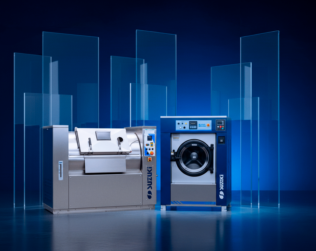 Duas máquinas industriais Suzuki em ambiente moderno com fundo azul, representando tecnologia, inovação e eficiência em lavanderias hospitalares e industriais.